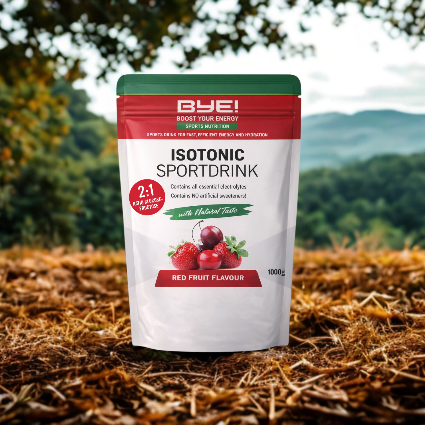 Isotone sportdrink van Bye Nutrition sfeer banner met natuur