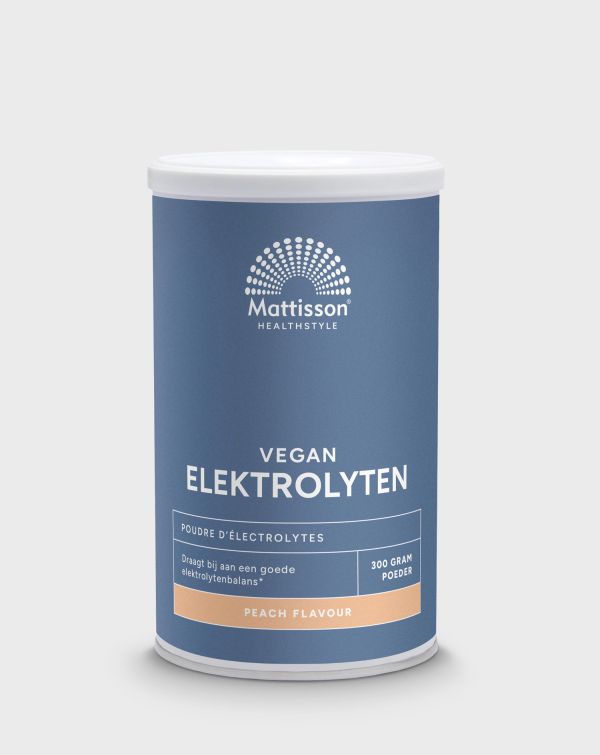 Mattisson Vegan electrolyten mockup met als synoniem Mattisson Elektrolytes mockup van pot in de peach flavor smaak