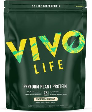 Vivo Life Perform Plant Protein groene zak mockup in de smaak Madagascar Vanilla