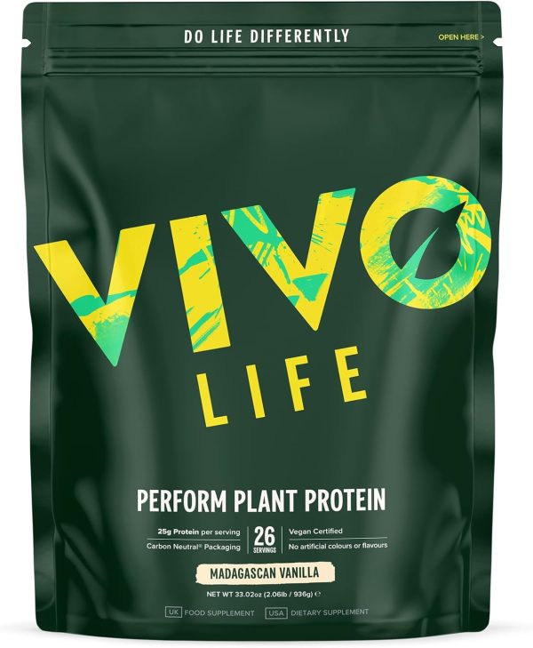 Vivo Life Perform Plant Protein groene zak mockup in de smaak Madagascar Vanilla