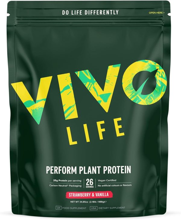 Vivo Life Perform Plant Protein groene zak mockup in de smaak Strawberry & Vanilla en 26 servings en 988 gram