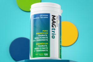 ITL Health Trio Magnesium capsules tauraat bisglycinaat threonaat 120 capsules banner met pot op verhoging